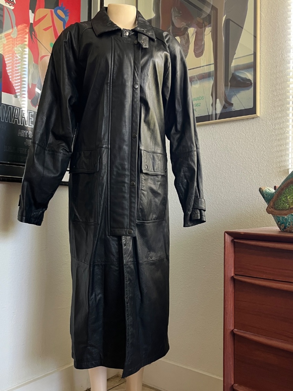 Vintage 1980s Black Leather Trench Coat by Wilsons Leathers. Size S